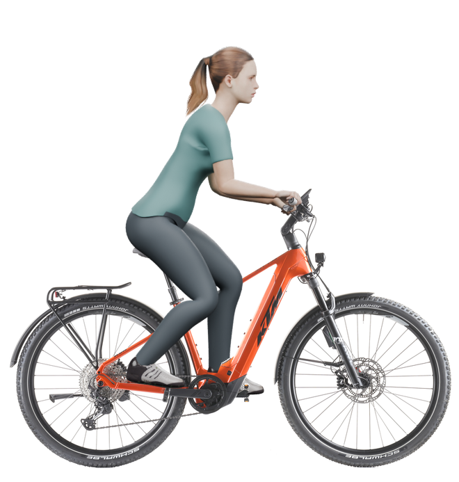 Sitzbeispiel mit 3D-Person: aufrechtere Haltung auf einem KTM Macina Team 892 LFC ABS mit 43 cm Rahmen.