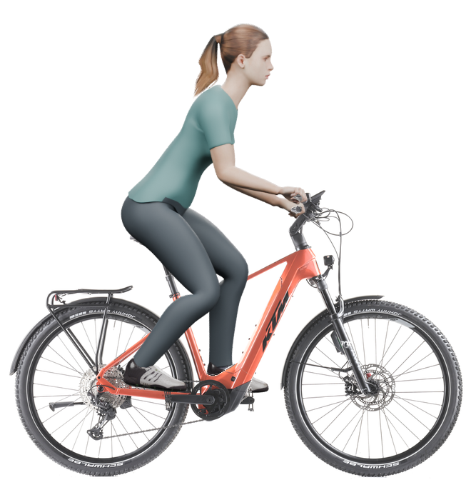 Sitzbeispiel mit derselben 3D-Person: leicht nach vorn geneigte Haltung auf demselben KTM Macina Team 892 LFC ABS mit 48 cm Rahmen.