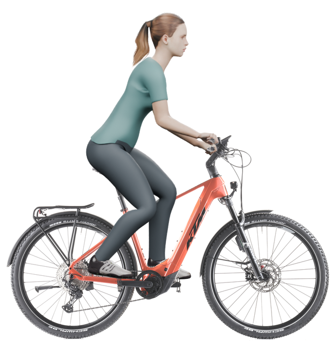 Sitzbeispiel mit 3D-Person: aufrechtere Haltung auf einem KTM Macina Team 892 LFC ABS mit 48 cm Rahmen.