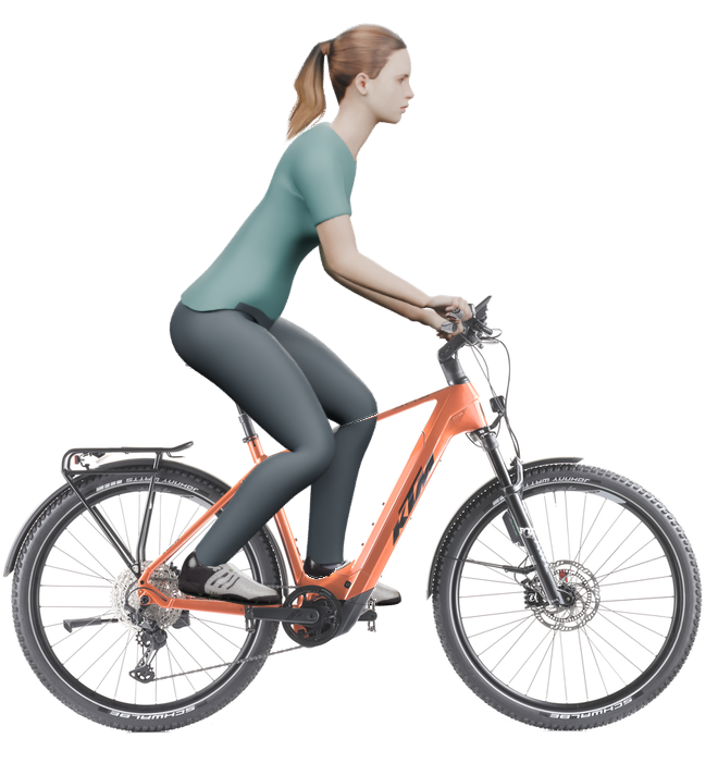 Sitzbeispiel mit derselben 3D-Person: leicht nach vorn geneigte Haltung auf demselben KTM Macina Team 892 LFC ABS mit 53 cm Rahmen.