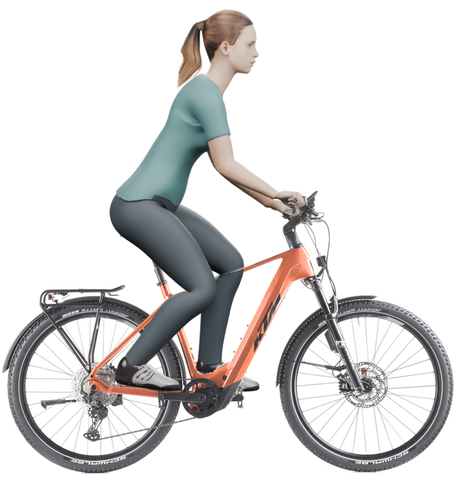 Sitzbeispiel mit 3D-Person: aufrechtere Haltung auf einem KTM Macina Team 892 LFC ABS mit 53 cm Rahmen.