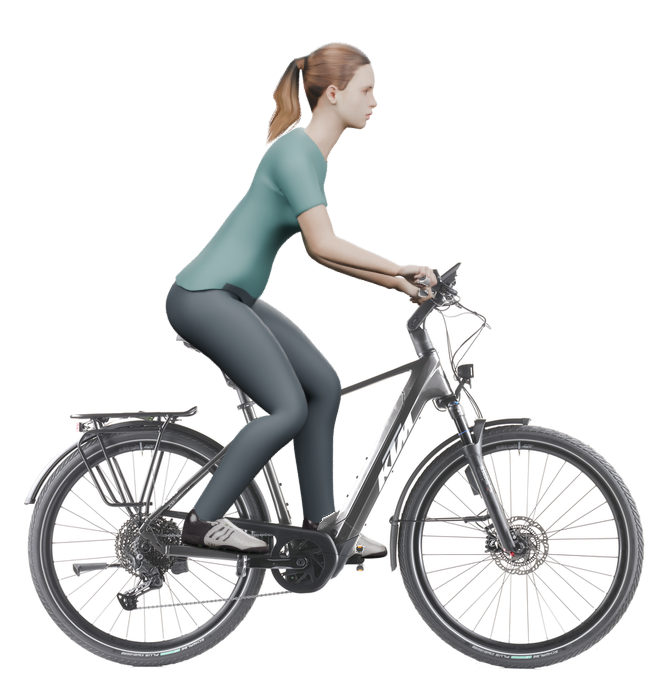 Sitzbeispiel mit derselben 3D-Person: leicht nach vorn geneigte Haltung auf demselben KTM Macina Style 820 ABS mit 51 cm Rahmen.