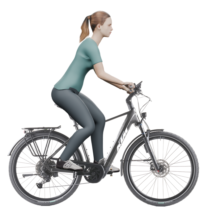 Sitzbeispiel mit 3D-Person: aufrechtere Haltung auf einem KTM Macina Style 820 ABS mit 51 cm Rahmen.