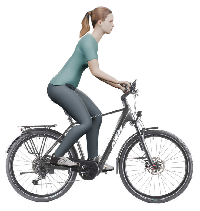 Sitzbeispiel mit derselben 3D-Person: leicht nach vorn geneigte Haltung auf demselben KTM Macina Style 820 ABS mit 56 cm Rahmen.