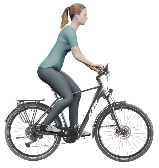Sitzbeispiel mit 3D-Person: aufrechtere Haltung auf einem KTM Macina Style 820 ABS mit 56 cm Rahmen.