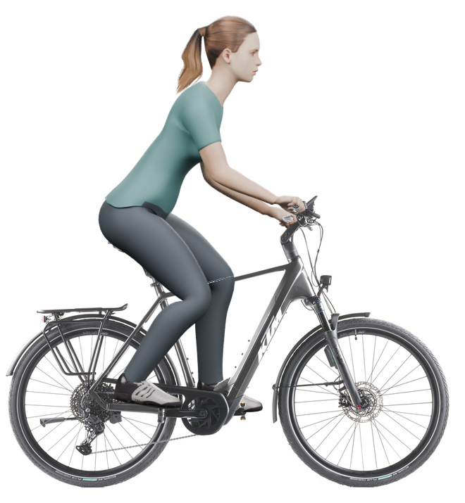 Sitzbeispiel mit derselben 3D-Person: leicht nach vorn geneigte Haltung auf demselben KTM Macina Style 820 ABS mit 60 cm Rahmen.