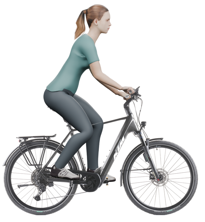 Sitzbeispiel mit 3D-Person: aufrechtere Haltung auf einem KTM Macina Style 820 ABS mit 60 cm Rahmen.