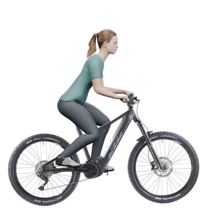 Sitzbeispiel mit derselben 3D-Person: leicht nach vorn geneigte Haltung auf demselben KTM Macina Lycan 571 Glorious mit 43 cm Rahmen.