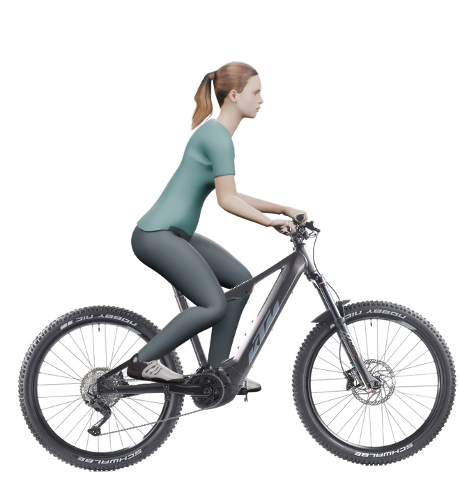 Sitzbeispiel mit 3D-Person: aufrechtere Haltung auf einem KTM Macina Lycan 571 Glorious mit 43 cm Rahmen.