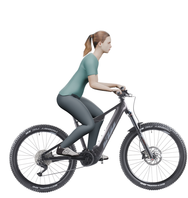 Sitzbeispiel mit derselben 3D-Person: leicht nach vorn geneigte Haltung auf demselben KTM Macina Lycan 571 Glorious mit 38 cm Rahmen.