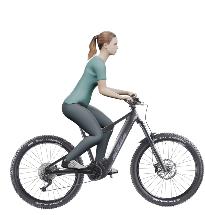 Sitzbeispiel mit 3D-Person: aufrechtere Haltung auf einem KTM Macina Lycan 571 Glorious mit 38 cm Rahmen.