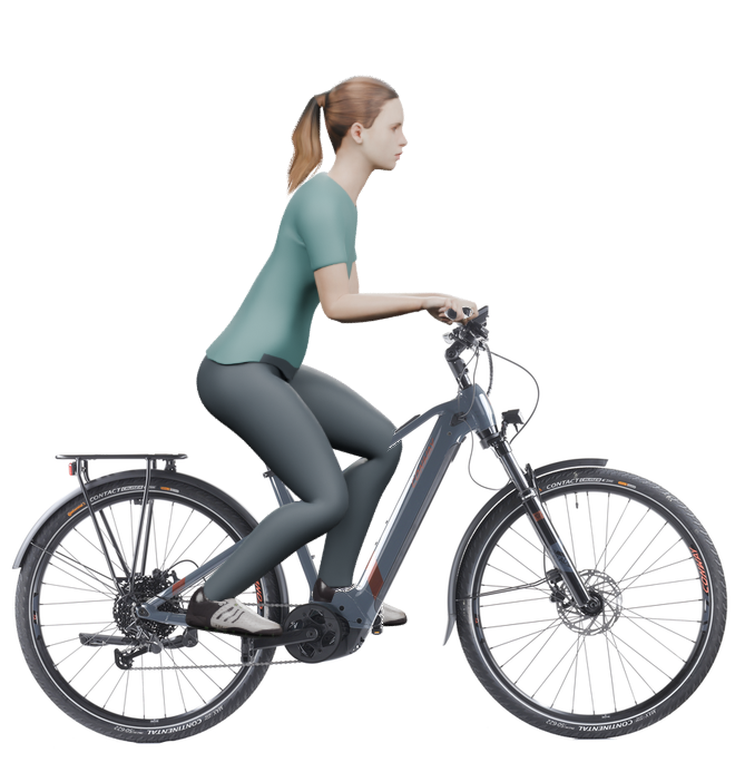 Sitzbeispiel mit derselben 3D-Person: leicht nach vorn geneigte Haltung auf demselben Conway Cairon T 3.0 625 mit 45 cm Rahmen.
