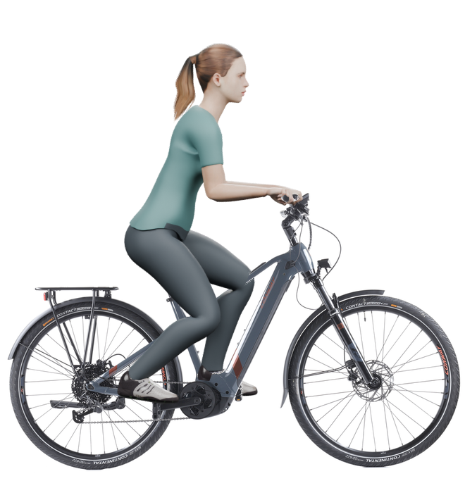 Sitzbeispiel mit 3D-Person: aufrechtere Haltung auf einem Conway Cairon T 3.0 625 mit 45 cm Rahmen.