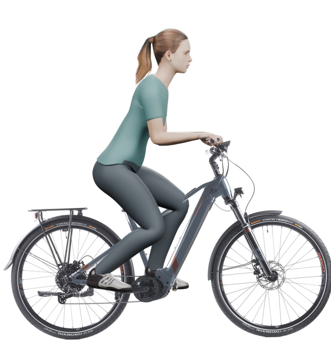 Sitzbeispiel mit derselben 3D-Person: leicht nach vorn geneigte Haltung auf demselben Conway Cairon T 3.0 625 mit 49 cm Rahmen.