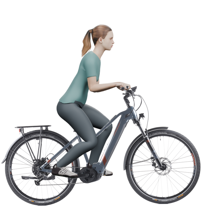 Sitzbeispiel mit derselben 3D-Person: leicht nach vorn geneigte Haltung auf demselben Conway Cairon T 3.0 625 mit 45 cm Rahmen.