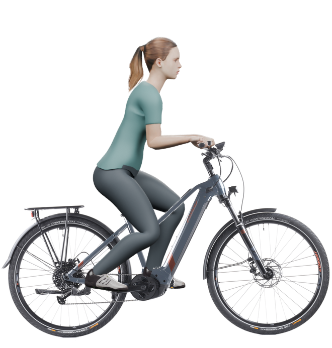 Sitzbeispiel mit 3D-Person: aufrechtere Haltung auf einem Conway Cairon T 3.0 625 mit 45 cm Rahmen.