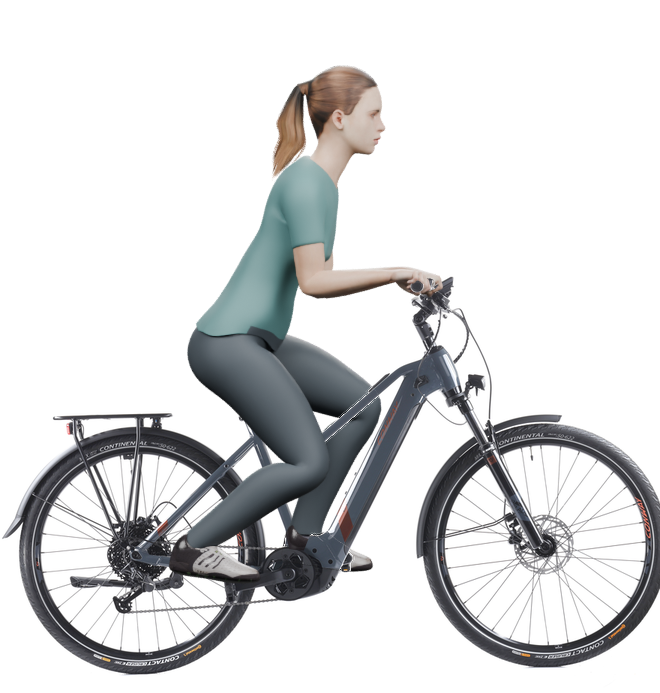 Sitzbeispiel mit derselben 3D-Person: leicht nach vorn geneigte Haltung auf demselben Conway Cairon T 3.0 625 mit 49 cm Rahmen.