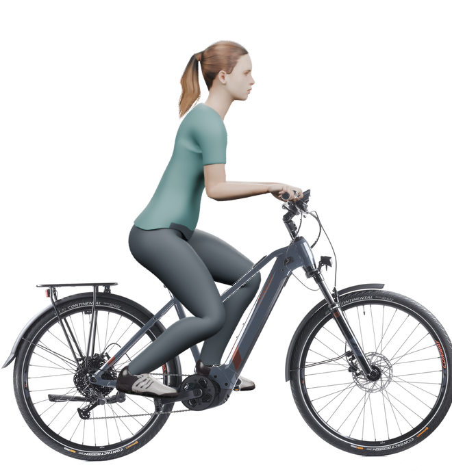 Sitzbeispiel mit 3D-Person: aufrechtere Haltung auf einem Conway Cairon T 3.0 625 mit 49 cm Rahmen.