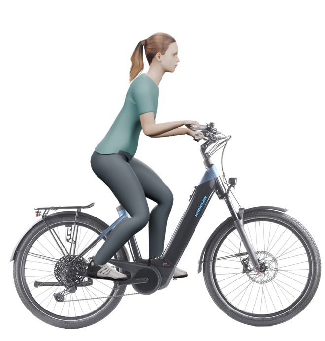 Sitzbeispiel mit derselben 3D-Person: leicht nach vorn geneigte Haltung auf demselben Kreidler Vitality Eco 10 Sport mit 45 cm Rahmen.