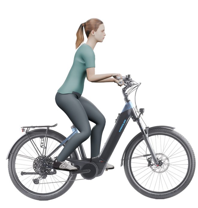 Sitzbeispiel mit 3D-Person: aufrechtere Haltung auf einem Kreidler Vitality Eco 10 Sport mit 45 cm Rahmen.