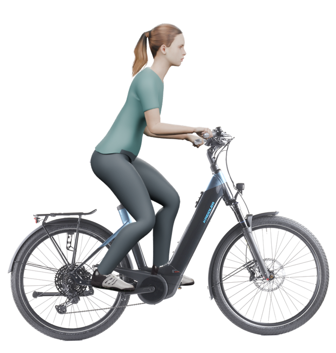 Sitzbeispiel mit derselben 3D-Person: leicht nach vorn geneigte Haltung auf demselben Kreidler Vitality Eco 10 Sport mit 50 cm Rahmen.