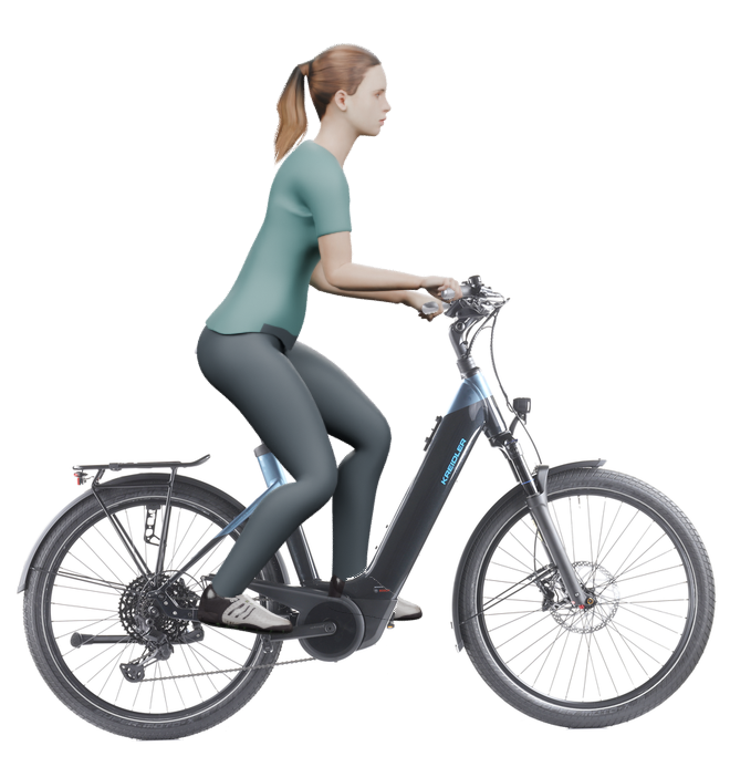Sitzbeispiel mit 3D-Person: aufrechtere Haltung auf einem Kreidler Vitality Eco 10 Sport mit 50 cm Rahmen.