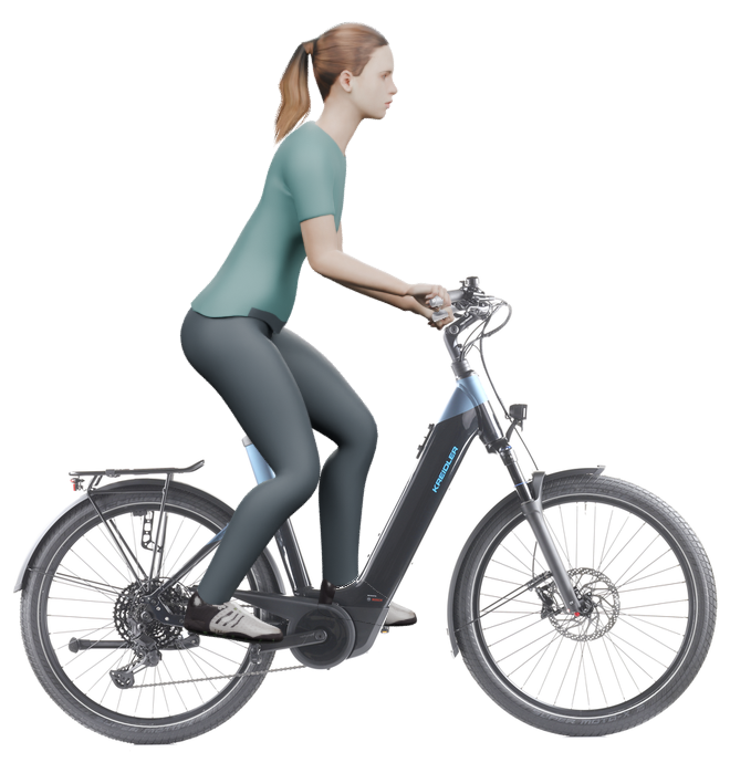 Sitzbeispiel mit derselben 3D-Person: leicht nach vorn geneigte Haltung auf demselben Kreidler Vitality Eco 10 Sport mit 55 cm Rahmen.