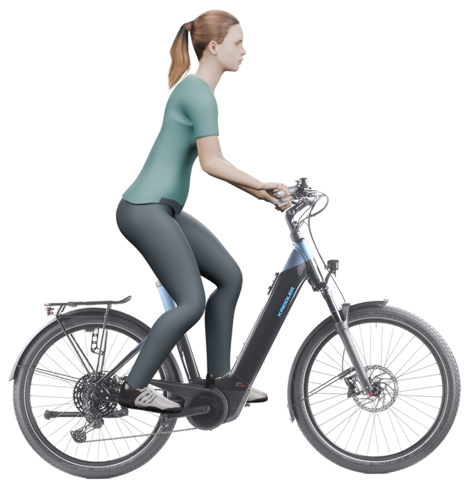 Sitzbeispiel mit 3D-Person: aufrechtere Haltung auf einem Kreidler Vitality Eco 10 Sport mit 55 cm Rahmen.