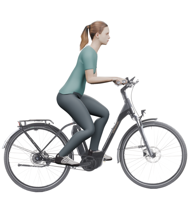 Sitzbeispiel mit derselben 3D-Person: leicht nach vorn geneigte Haltung auf demselben Kreidler Vitality Eco 6 Comfort mit 51 cm Rahmen.