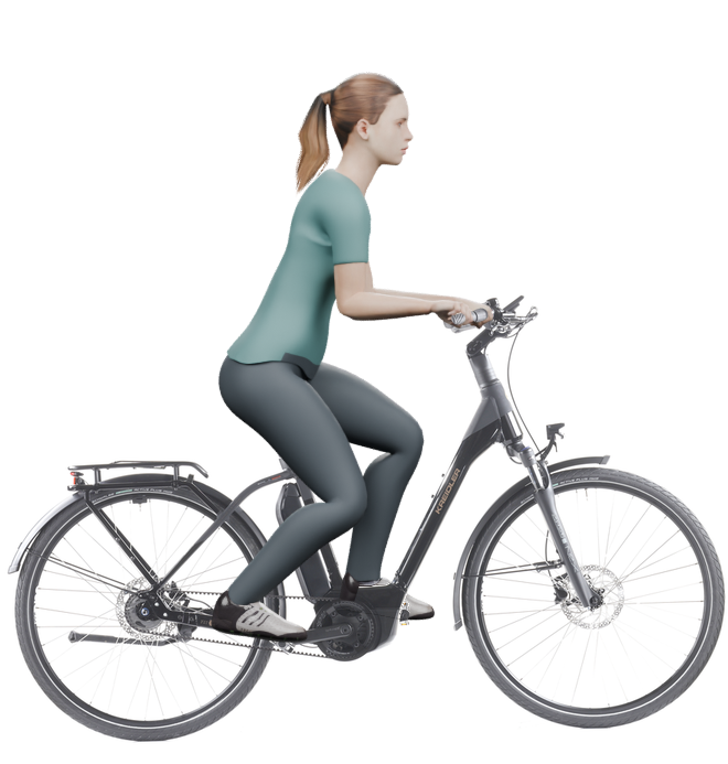 Sitzbeispiel mit 3D-Person: aufrechtere Haltung auf einem Kreidler Vitality Eco 6 Comfort mit 51 cm Rahmen.