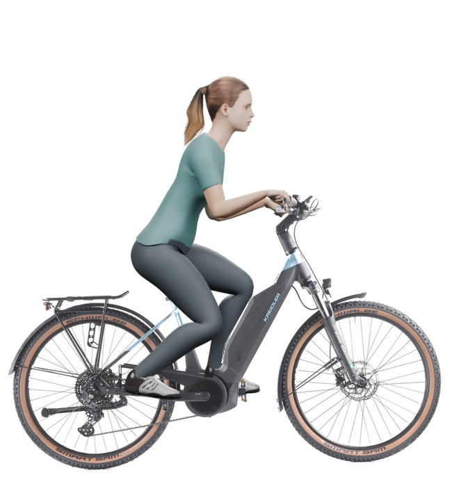Sitzbeispiel mit derselben 3D-Person: leicht nach vorn geneigte Haltung auf demselben Kreidler Vitality Eco 6 Cross mit 45 cm Rahmen.