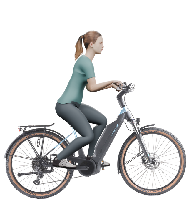 Sitzbeispiel mit 3D-Person: aufrechtere Haltung auf einem Kreidler Vitality Eco 6 Cross mit 45 cm Rahmen.