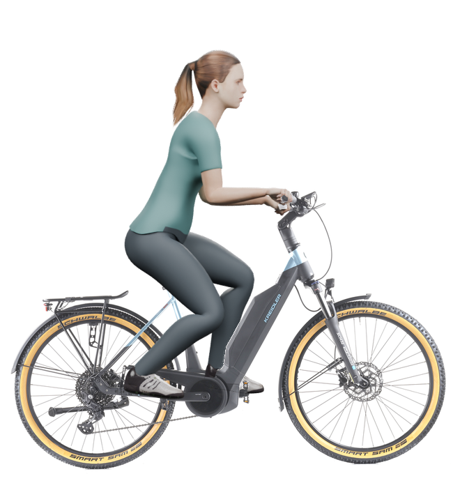 Sitzbeispiel mit 3D-Person: aufrechtere Haltung auf einem Kreidler Vitality Eco 6 Cross mit 50 cm Rahmen.
