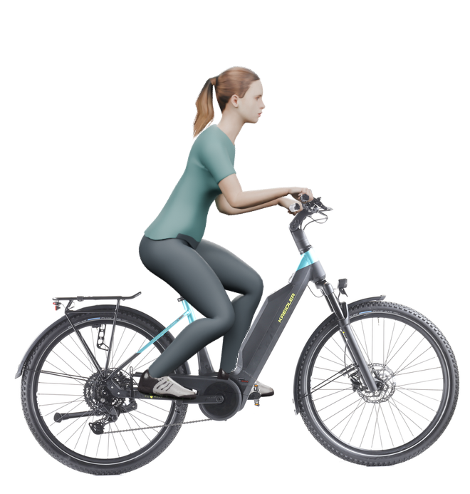 Sitzbeispiel mit derselben 3D-Person: leicht nach vorn geneigte Haltung auf demselben Kreidler Vitality Eco 3 Sport 2024 mit 45 cm Rahmen.