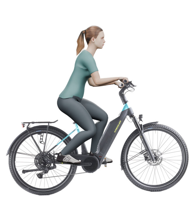 Sitzbeispiel mit 3D-Person: aufrechtere Haltung auf einem Kreidler Vitality Eco 3 Sport 2024 mit 45 cm Rahmen.