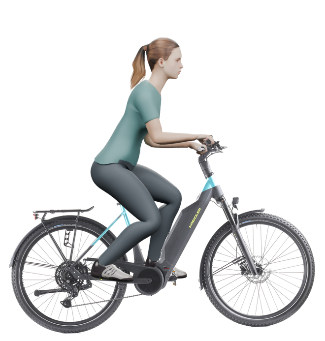 Sitzbeispiel mit derselben 3D-Person: leicht nach vorn geneigte Haltung auf demselben Kreidler Vitality Eco 3 Sport mit 50 cm Rahmen.
