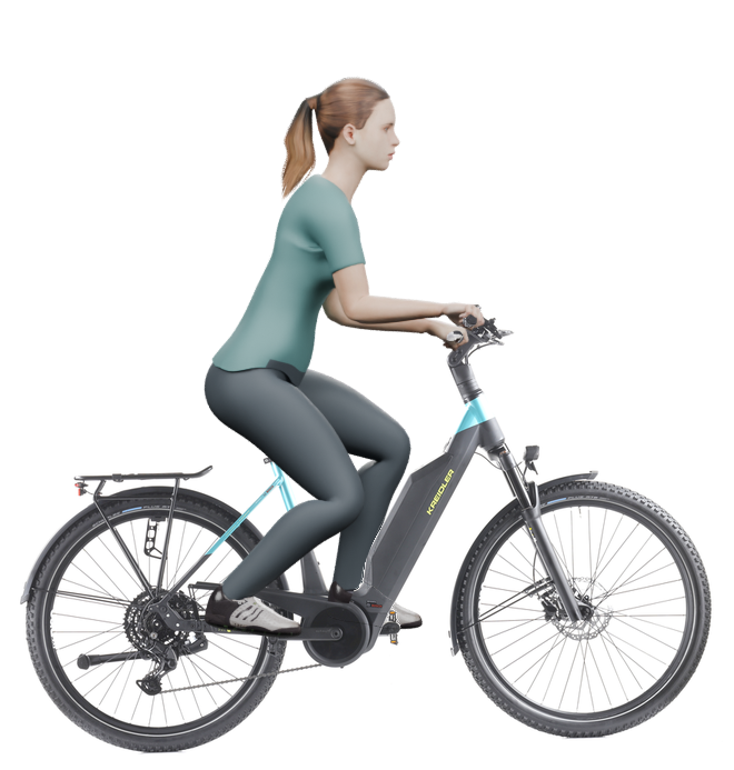 Sitzbeispiel mit 3D-Person: aufrechtere Haltung auf einem Kreidler Vitality Eco 3 Sport mit 50 cm Rahmen.