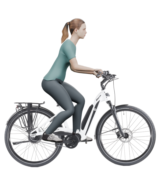Sitzbeispiel mit derselben 3D-Person: leicht nach vorn geneigte Haltung auf demselben Fantic Living City Enviolo mit 46 cm Rahmen.