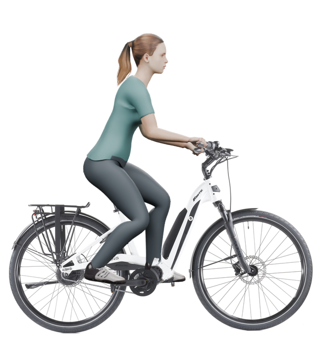 Sitzbeispiel mit 3D-Person: aufrechtere Haltung auf einem Fantic Living City Enviolo mit 46 cm Rahmen.
