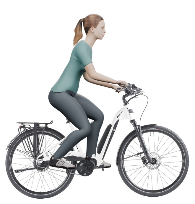 Sitzbeispiel mit derselben 3D-Person: leicht nach vorn geneigte Haltung auf demselben Fantic Living City Enviolo mit 49 cm Rahmen.