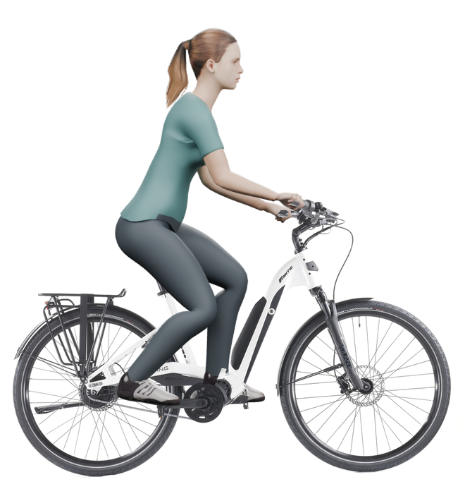 Sitzbeispiel mit 3D-Person: aufrechtere Haltung auf einem Fantic Living City Enviolo mit 49 cm Rahmen.