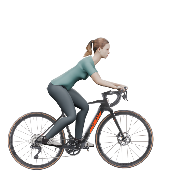 Sitzbeispiel mit derselben 3D-Person: leicht nach vorn geneigte Haltung auf demselben KTM Macina Revelator SX Prime Di2 mit 52 cm Rahmen.