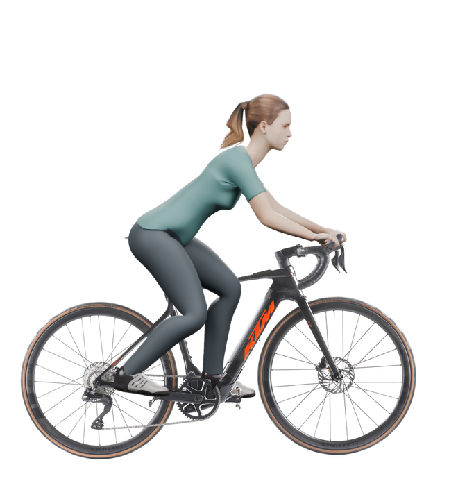 Sitzbeispiel mit 3D-Person: aufrechtere Haltung auf einem KTM Macina Revelator SX Prime Di2 mit 52 cm Rahmen.