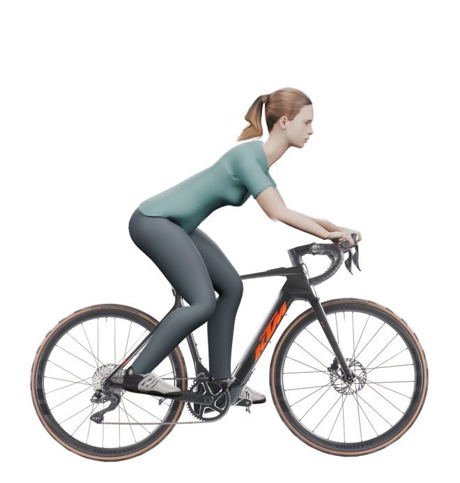 Sitzbeispiel mit derselben 3D-Person: leicht nach vorn geneigte Haltung auf demselben KTM Macina Revelator SX Prime Di2 mit 55 cm Rahmen.