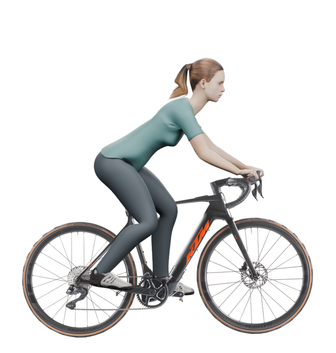 Sitzbeispiel mit 3D-Person: aufrechtere Haltung auf einem KTM Macina Revelator SX Prime Di2 mit 55 cm Rahmen.