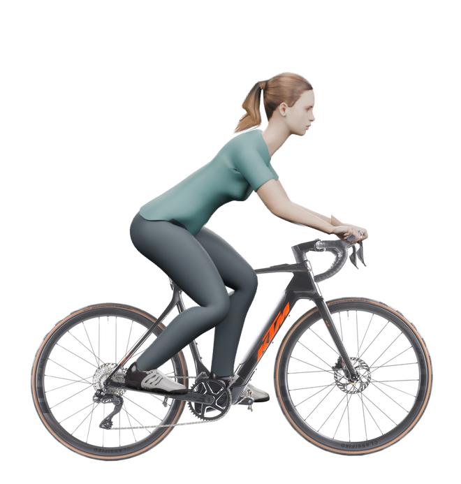Sitzbeispiel mit derselben 3D-Person: leicht nach vorn geneigte Haltung auf demselben KTM Macina Revelator SX Prime Di2 mit 57 cm Rahmen.