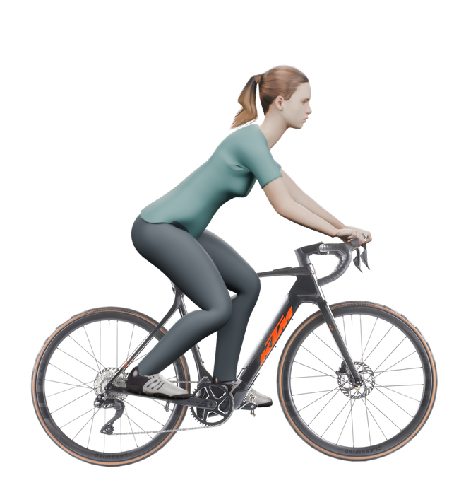 Sitzbeispiel mit 3D-Person: aufrechtere Haltung auf einem KTM Macina Revelator SX Prime Di2 mit 57 cm Rahmen.