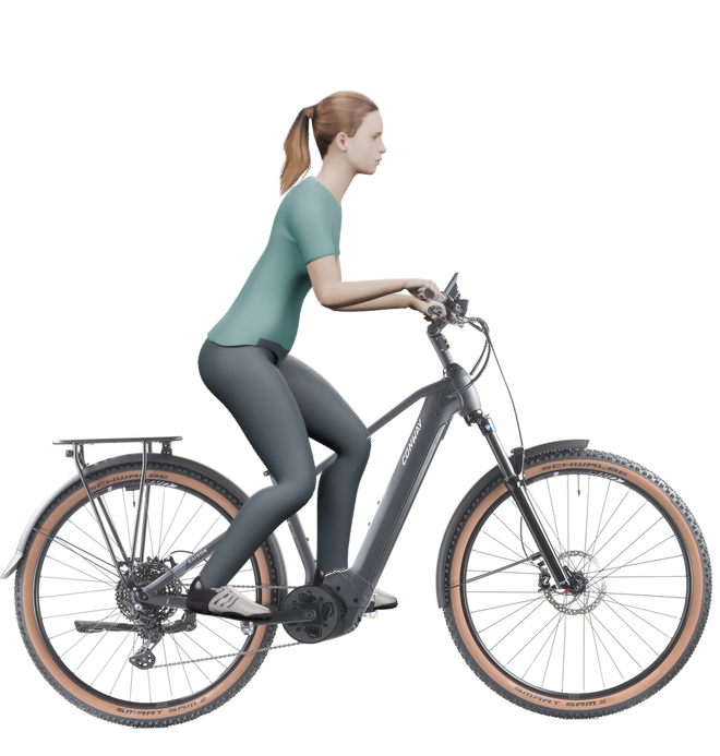 Sitzbeispiel mit derselben 3D-Person: leicht nach vorn geneigte Haltung auf demselben Conway Cairon SUV 4.0 mit 41 cm Rahmen.