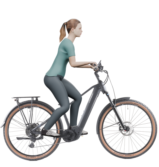 Sitzbeispiel mit 3D-Person: aufrechtere Haltung auf einem Conway Cairon SUV 4.0 mit 41 cm Rahmen.