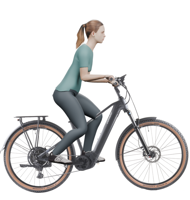 Sitzbeispiel mit derselben 3D-Person: leicht nach vorn geneigte Haltung auf demselben Conway Cairon SUV 4.0 2025 mit 45 cm Rahmen.